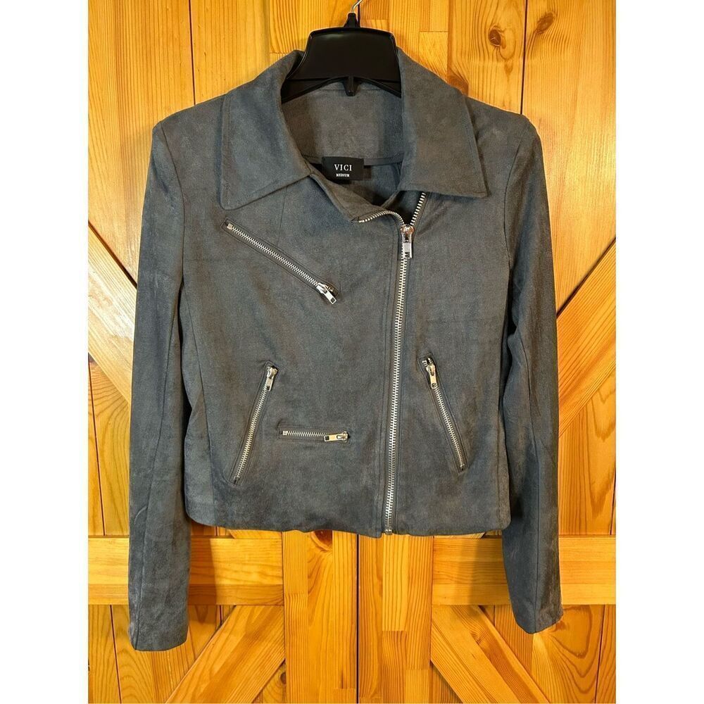Vici Grey Soft Moto Style Jacket Size Medium Zip Up Faux Suede (0953)